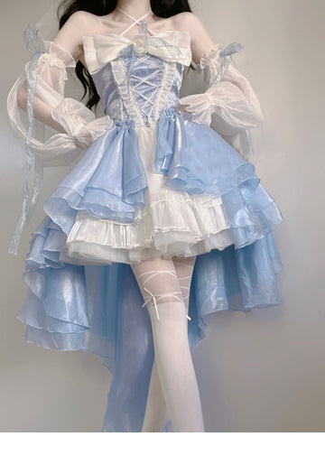 Ball Gown Strapless Blue Organza Floral Holiday Lolita Dress Birthday Dresses Birthday Outfits SD1240